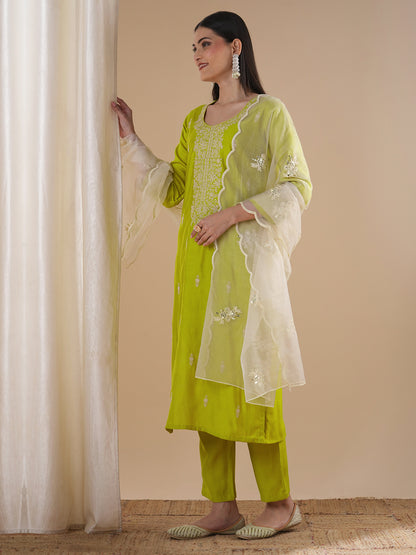 Solid Floral Embroidered Straight Kurta with Pant & Dupatta - Lime Green