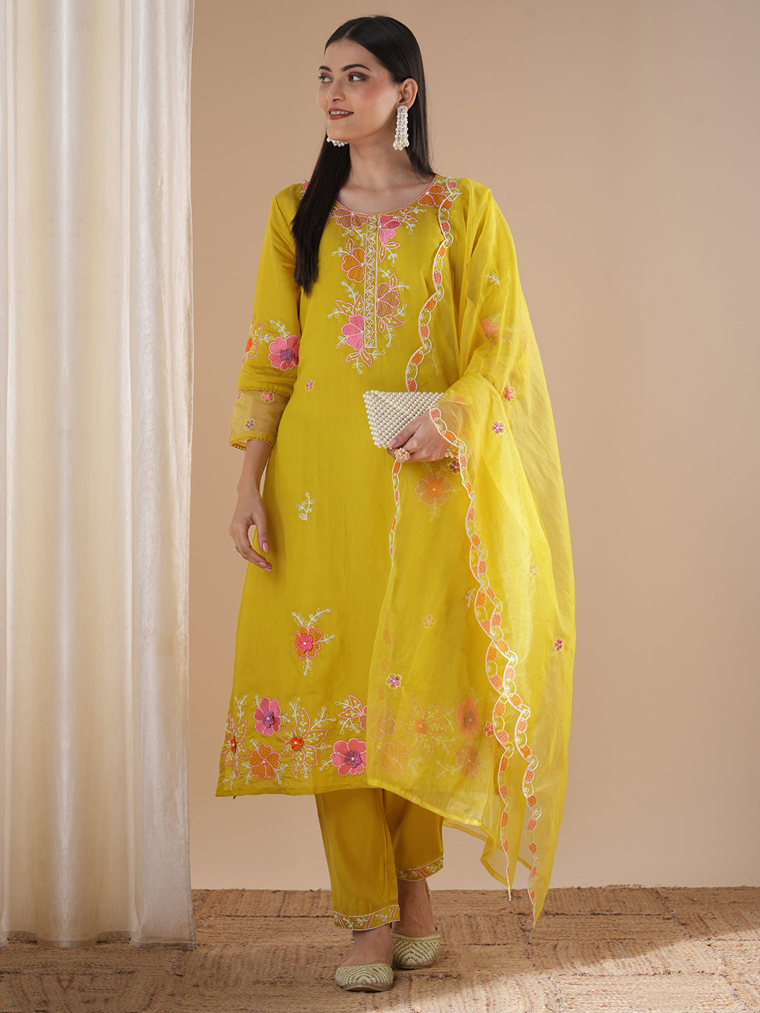 Solid Floral Embroidered Straight Fit Kurta with Pant and Dupatta - Yellow