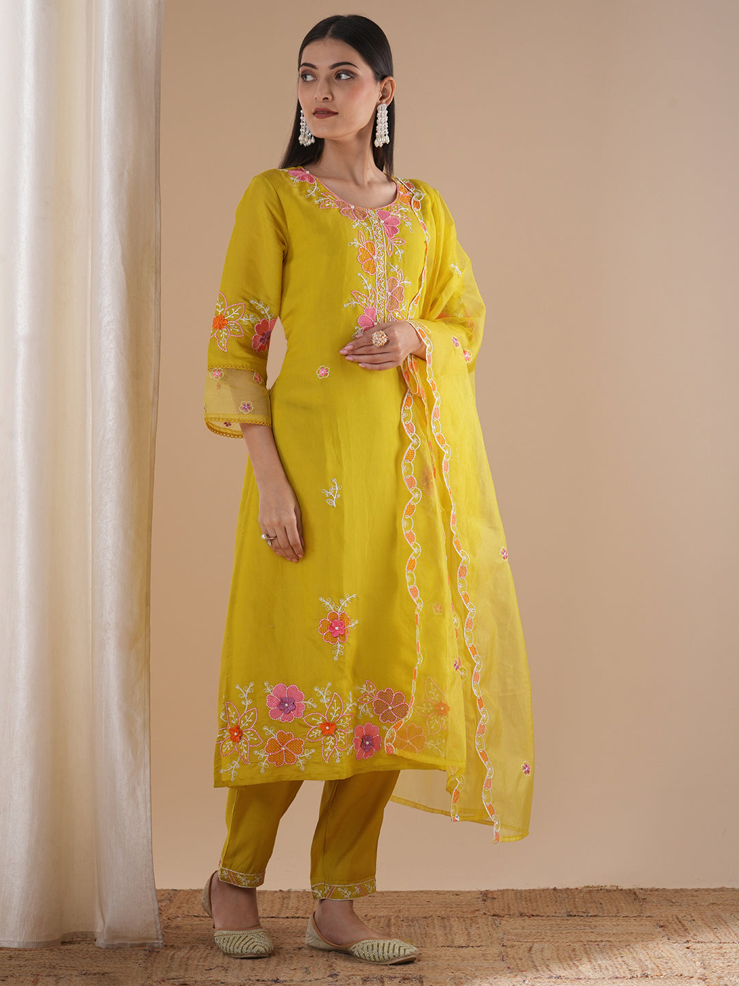Solid Floral Embroidered Straight Fit Kurta with Pant and Dupatta - Yellow