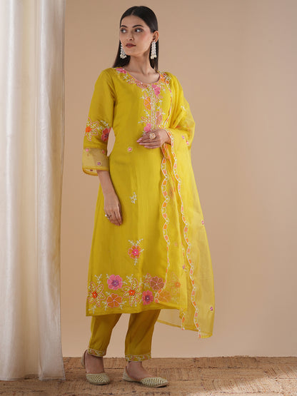 Solid Floral Embroidered Straight Fit Kurta with Pant and Dupatta - Yellow