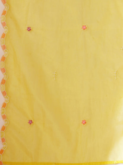 Solid Floral Embroidered Straight Fit Kurta with Pant and Dupatta - Yellow