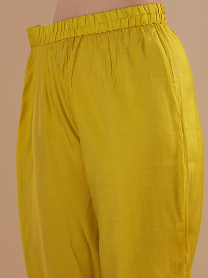 Solid Floral Embroidered Straight Fit Kurta with Pant and Dupatta - Yellow