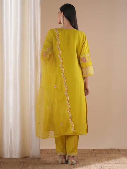 Solid Floral Embroidered Straight Fit Kurta with Pant and Dupatta - Yellow