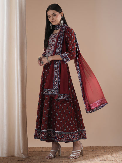 Ethnic Floral Printed & Embroidered Anarkali Flared Kurta with Pant and Dupatta - Maroon