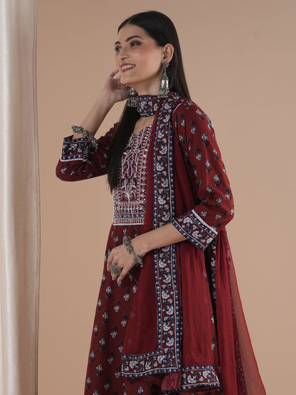 Ethnic Floral Printed & Embroidered Anarkali Flared Kurta with Pant and Dupatta - Maroon