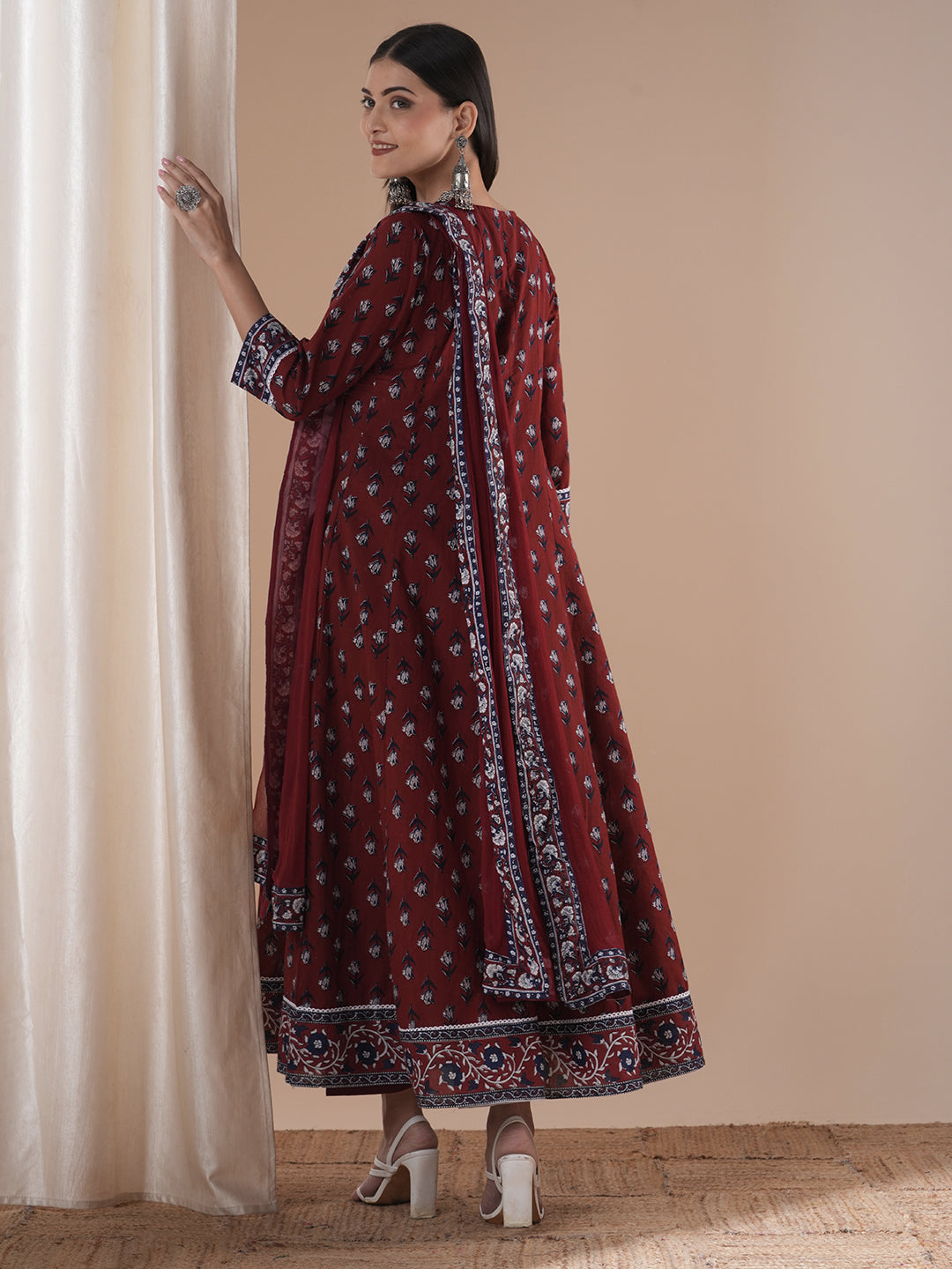 Ethnic Floral Printed & Embroidered Anarkali Flared Kurta with Pant and Dupatta - Maroon