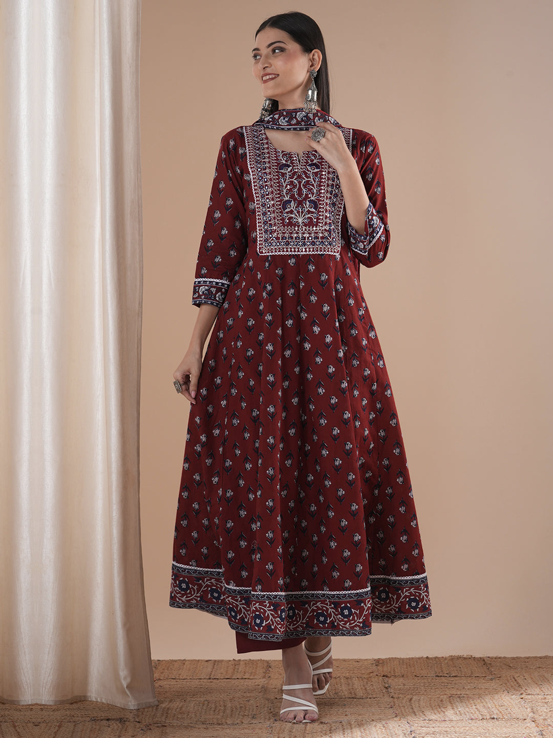 Ethnic Floral Printed & Embroidered Anarkali Flared Kurta with Pant and Dupatta - Maroon