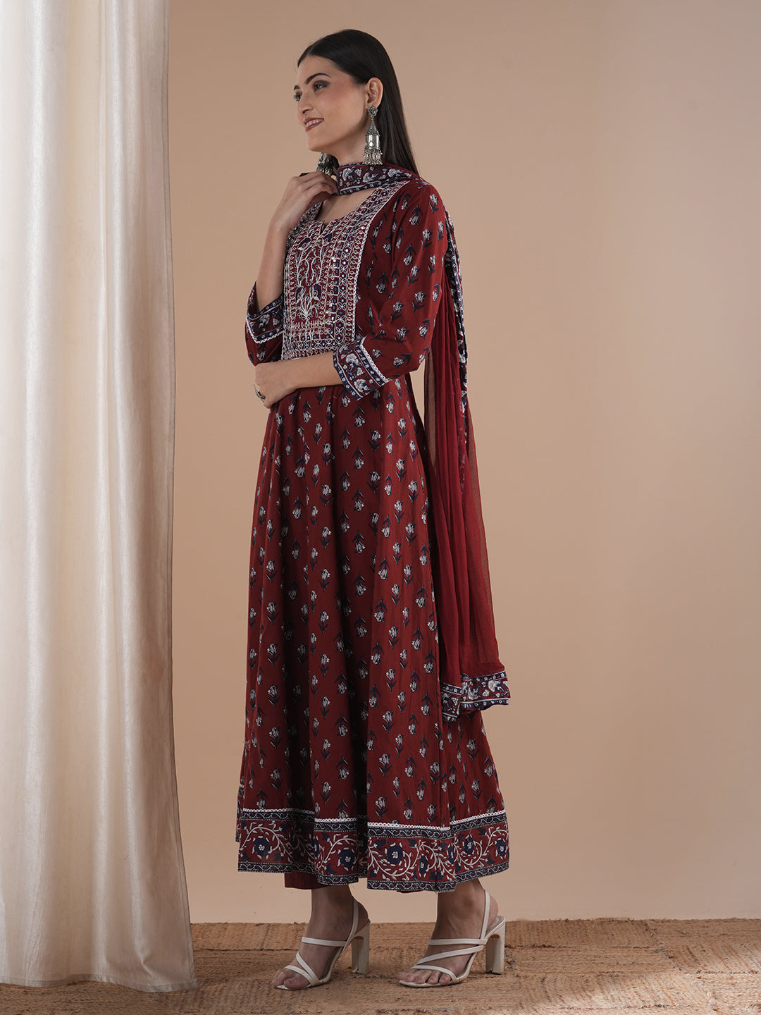 Ethnic Floral Printed & Embroidered Anarkali Flared Kurta with Pant and Dupatta - Maroon