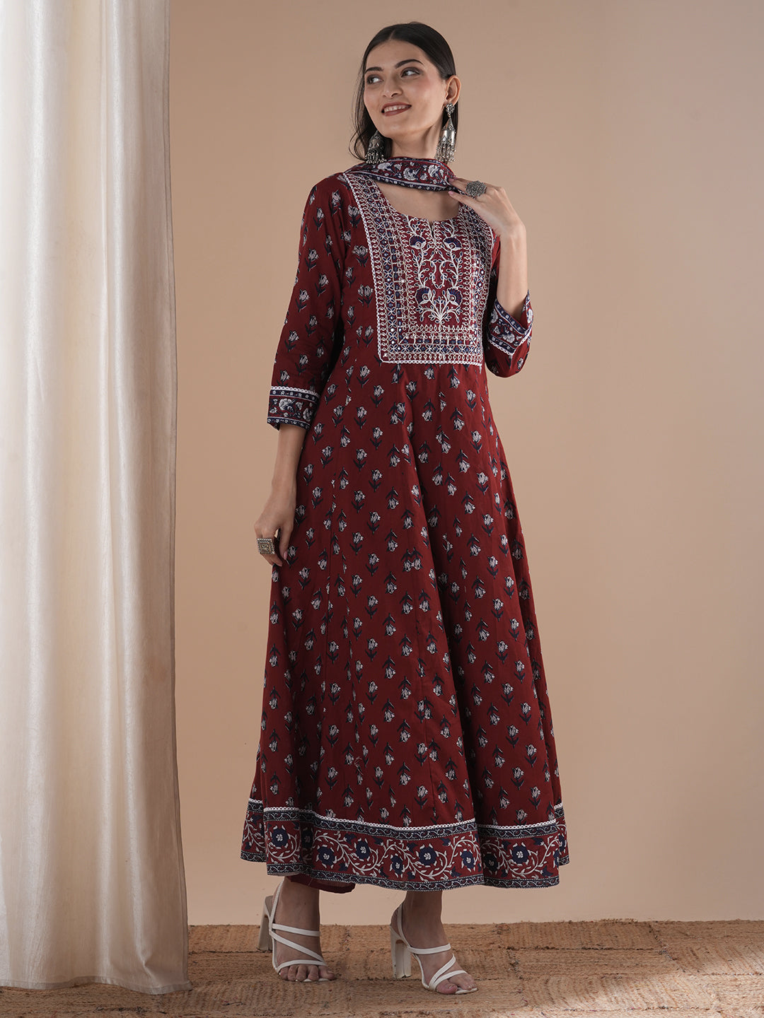 Ethnic Floral Printed & Embroidered Anarkali Flared Kurta with Pant and Dupatta - Maroon