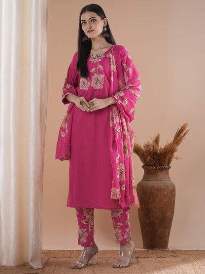 Floral Printed & Embroidered Straight Kurta with Pant & Dupatta - Pink