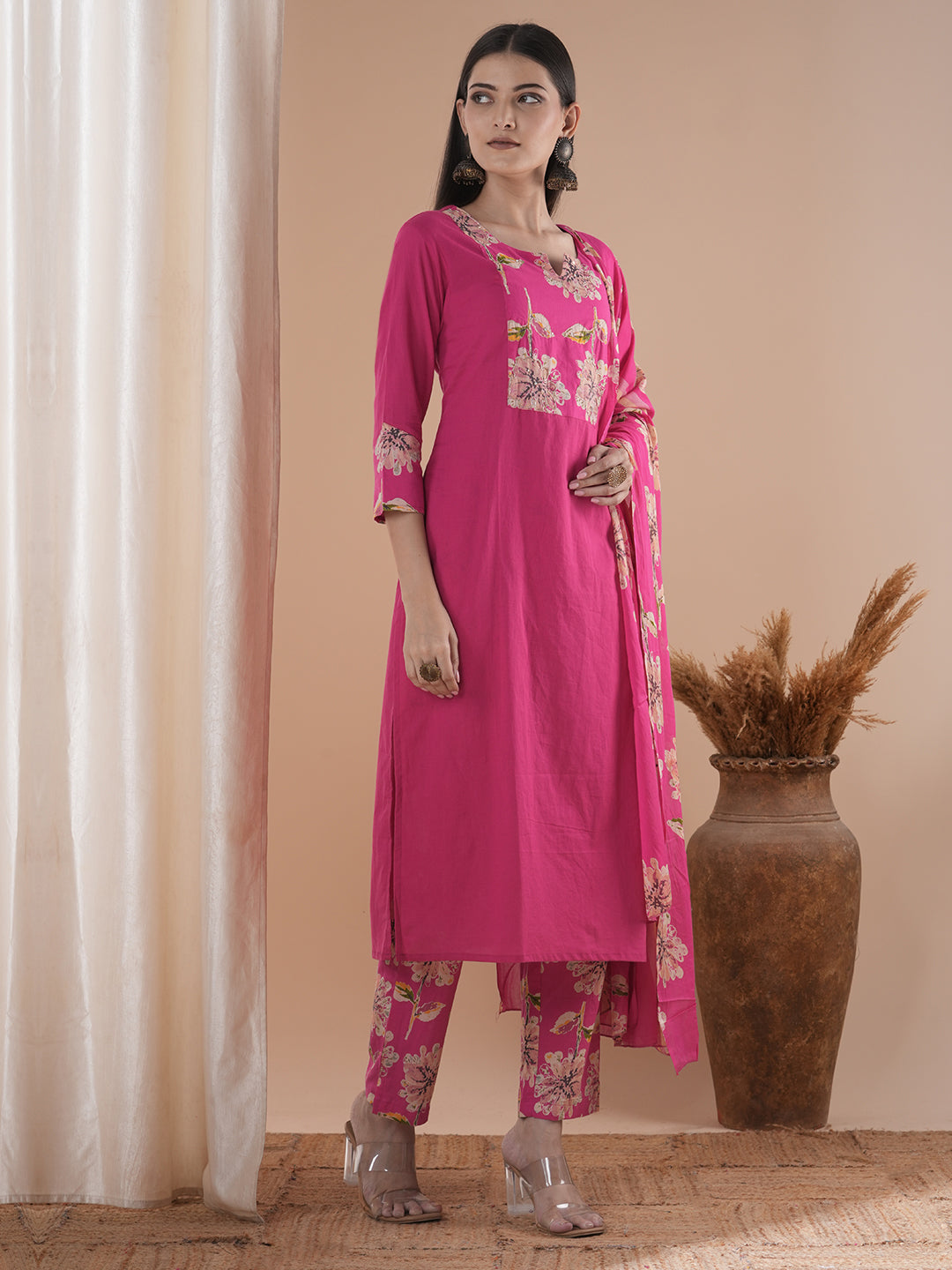 Floral Printed & Embroidered Straight Kurta with Pant & Dupatta - Pink