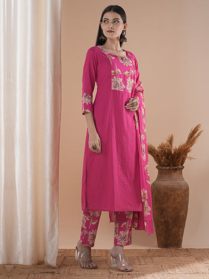 Floral Printed & Embroidered Straight Kurta with Pant & Dupatta - Pink