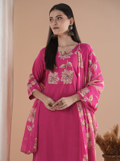 Floral Printed & Embroidered Straight Kurta with Pant & Dupatta - Pink