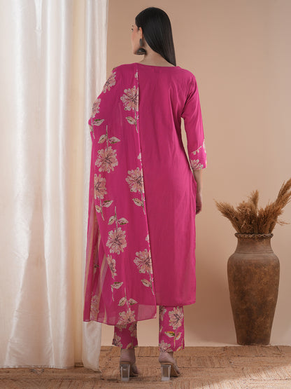 Floral Printed & Embroidered Straight Kurta with Pant & Dupatta - Pink