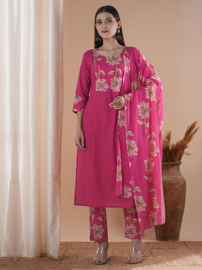 Floral Printed & Embroidered Straight Kurta with Pant & Dupatta - Pink