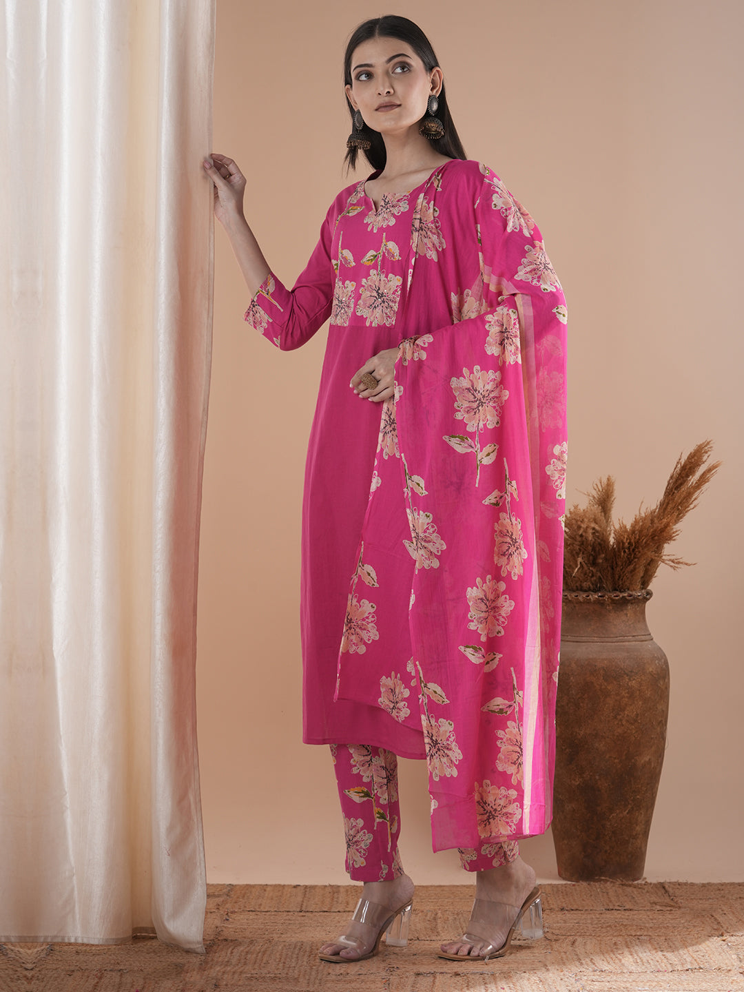 Floral Printed & Embroidered Straight Kurta with Pant & Dupatta - Pink