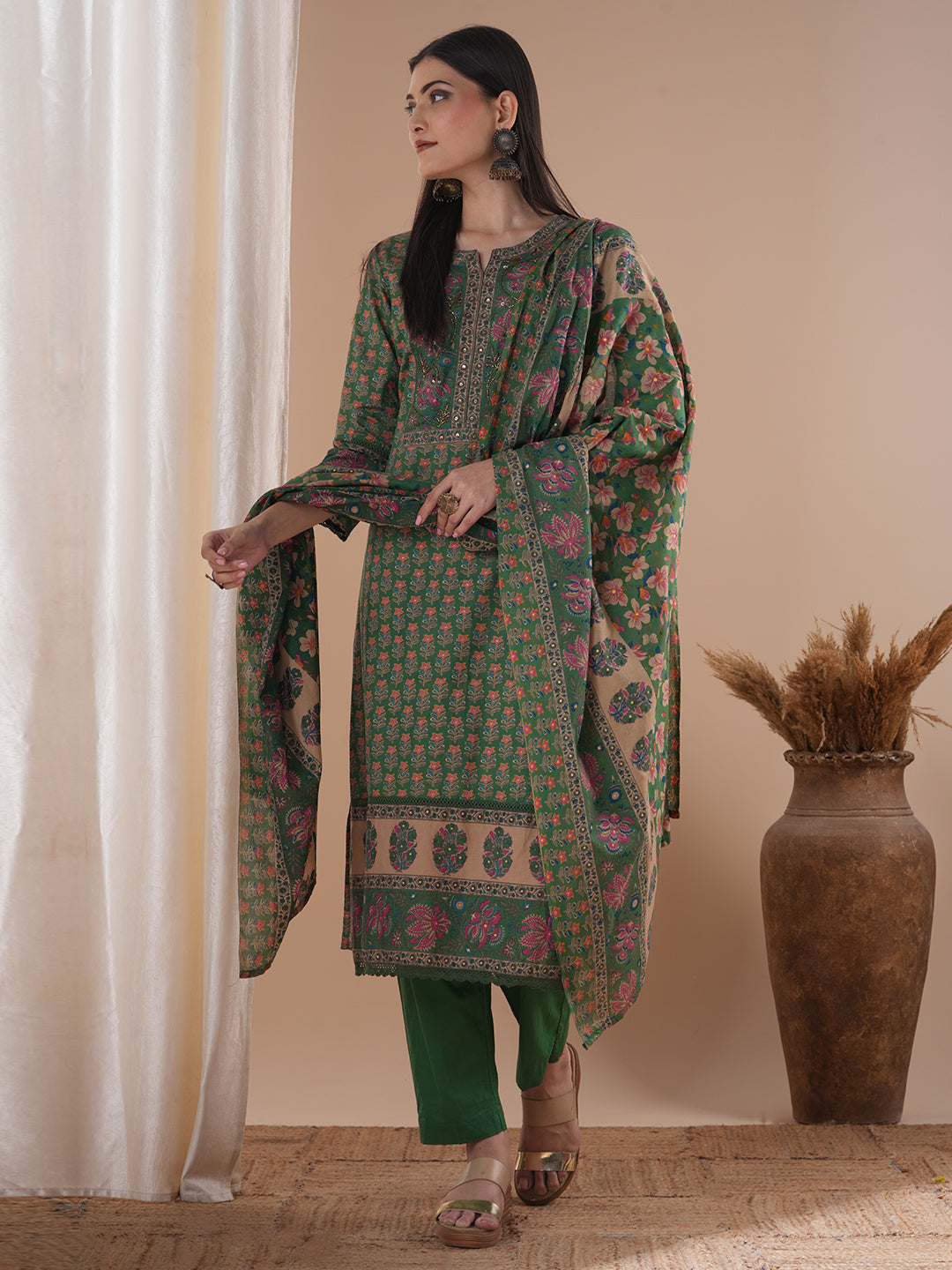 Floral Printed & Embroidered Straight Kurta with Pant & Dupatta - Green