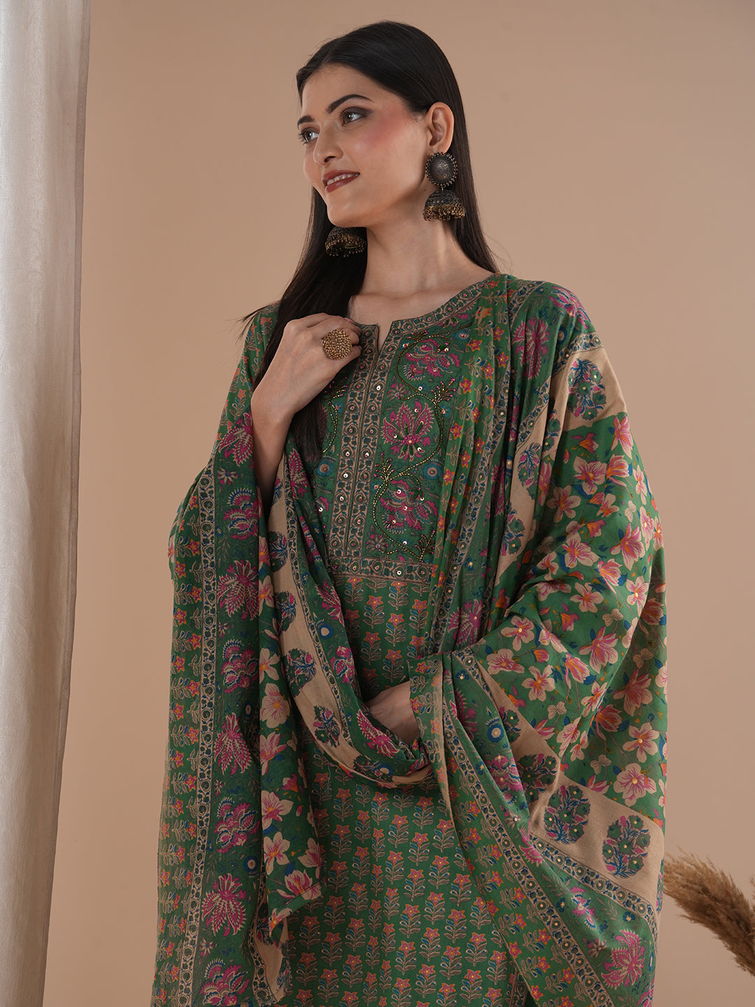 Floral Printed & Embroidered Straight Kurta with Pant & Dupatta - Green