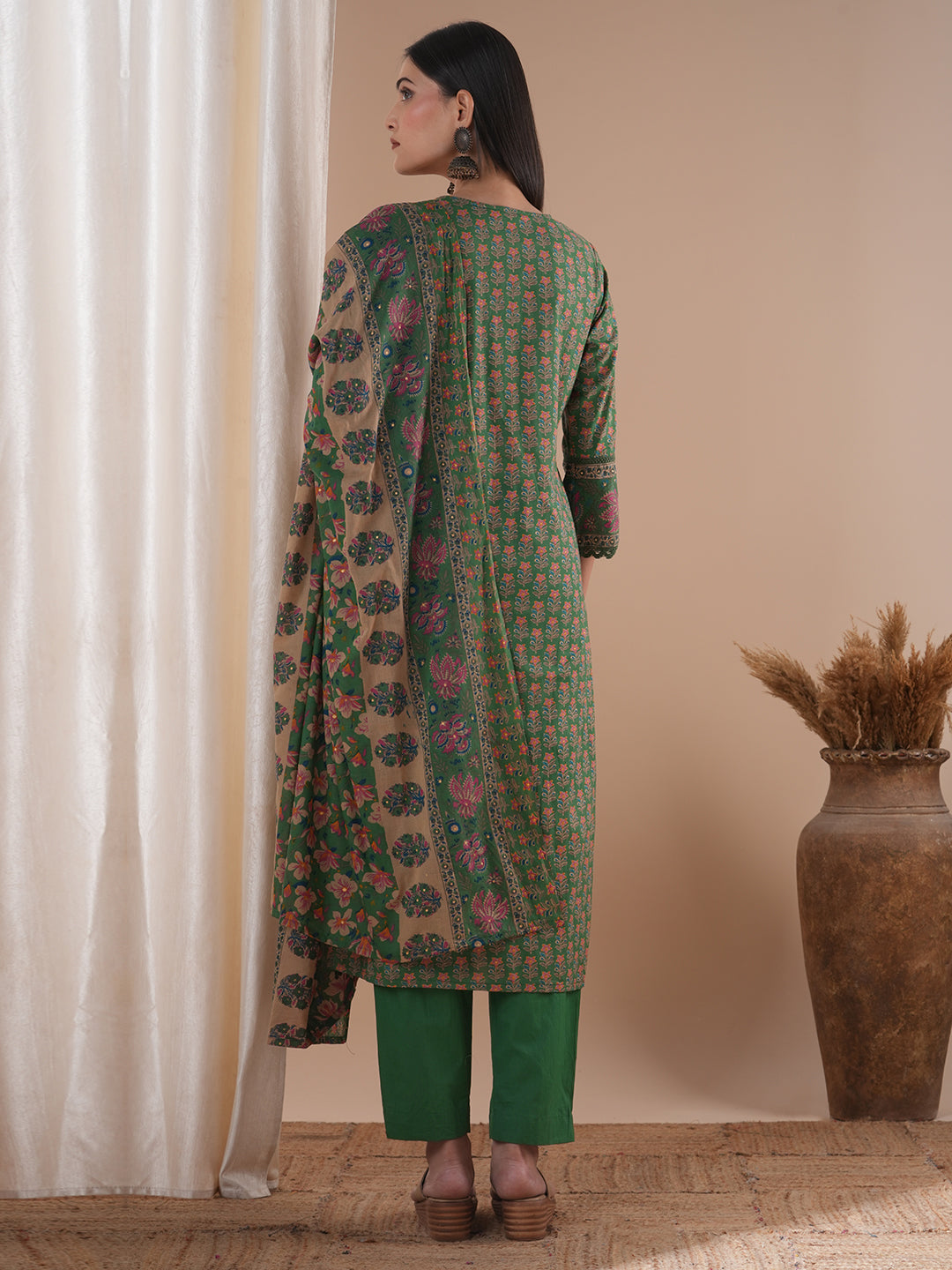 Floral Printed & Embroidered Straight Kurta with Pant & Dupatta - Green