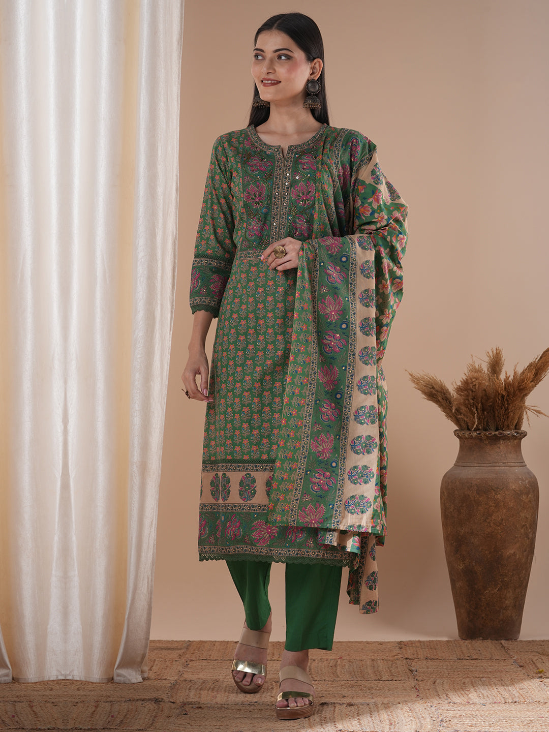 Floral Printed & Embroidered Straight Kurta with Pant & Dupatta - Green