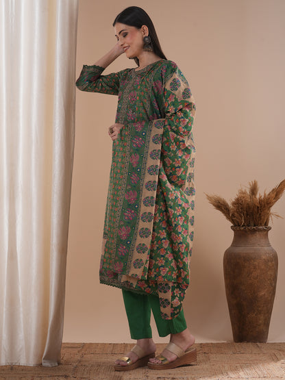 Floral Printed & Embroidered Straight Kurta with Pant & Dupatta - Green