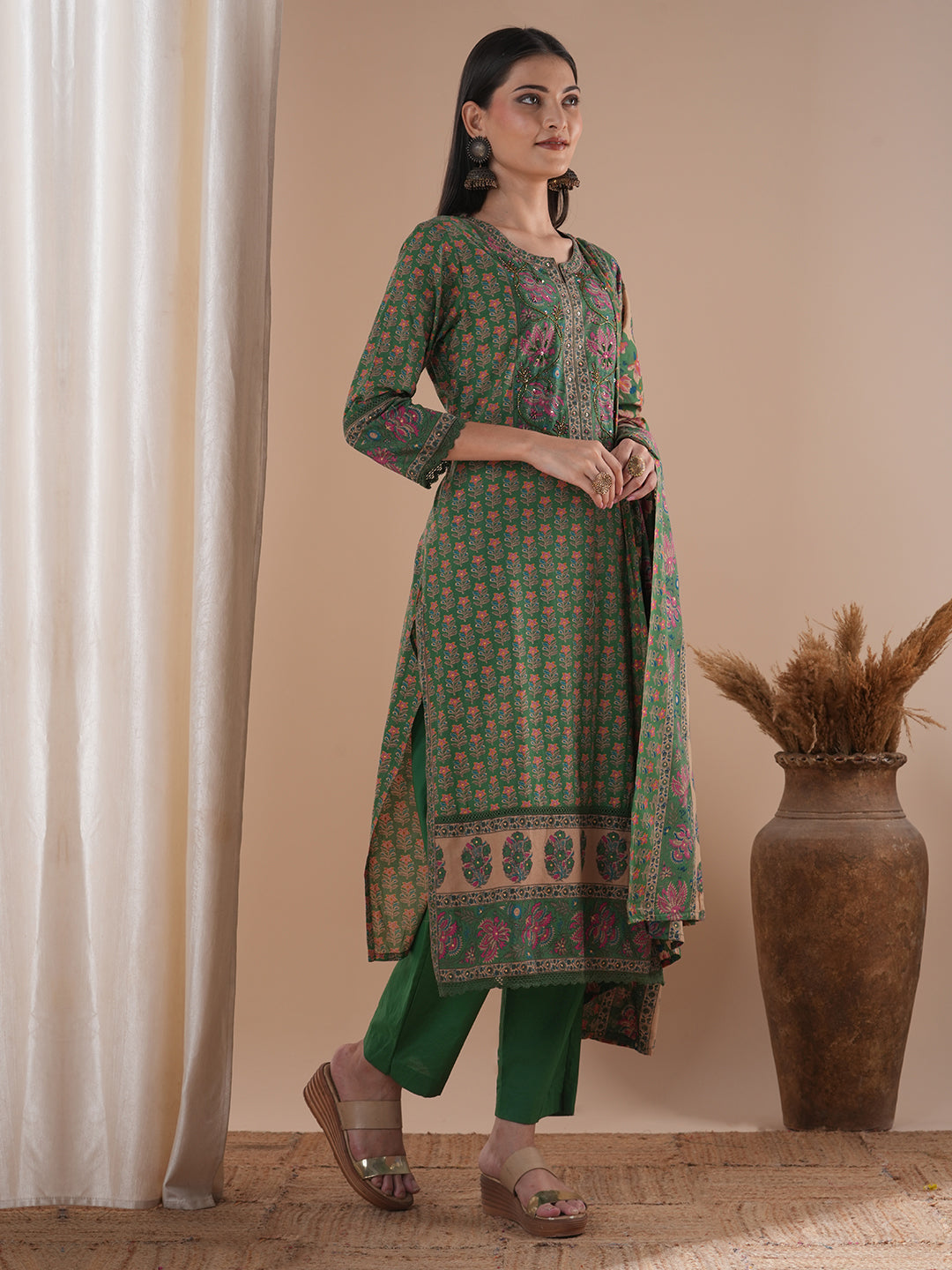 Floral Printed & Embroidered Straight Kurta with Pant & Dupatta - Green