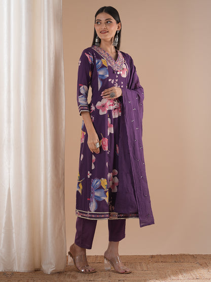 Ethnic Floral Printed & Embroidered Anarkali Flared Kurta with Pant & Dupatta - Purple