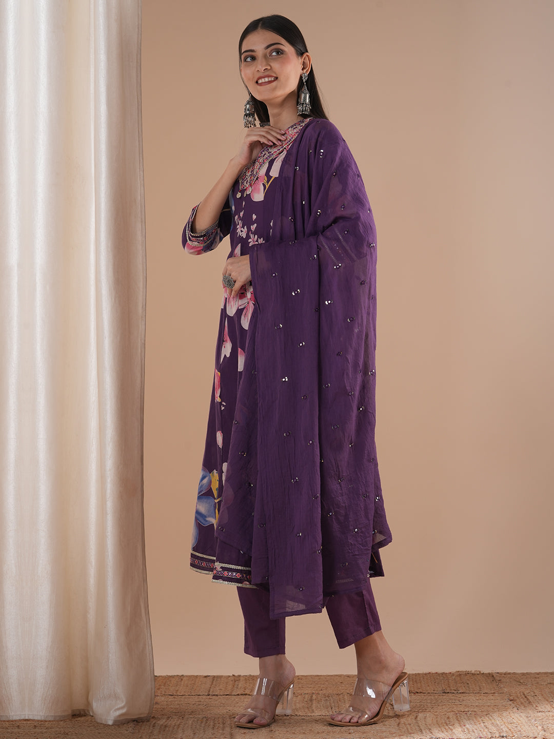 Ethnic Floral Printed & Embroidered Anarkali Flared Kurta with Pant & Dupatta - Purple