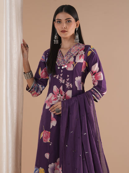 Ethnic Floral Printed & Embroidered Anarkali Flared Kurta with Pant & Dupatta - Purple