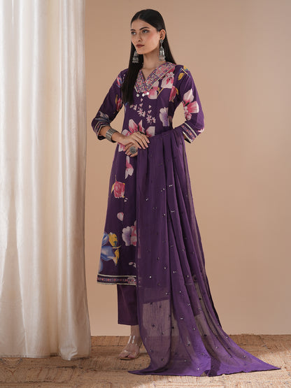 Ethnic Floral Printed & Embroidered Anarkali Flared Kurta with Pant & Dupatta - Purple