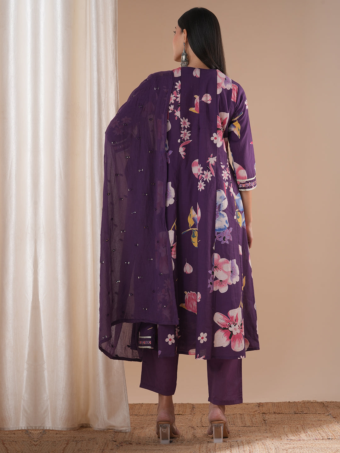 Ethnic Floral Printed & Embroidered Anarkali Flared Kurta with Pant & Dupatta - Purple