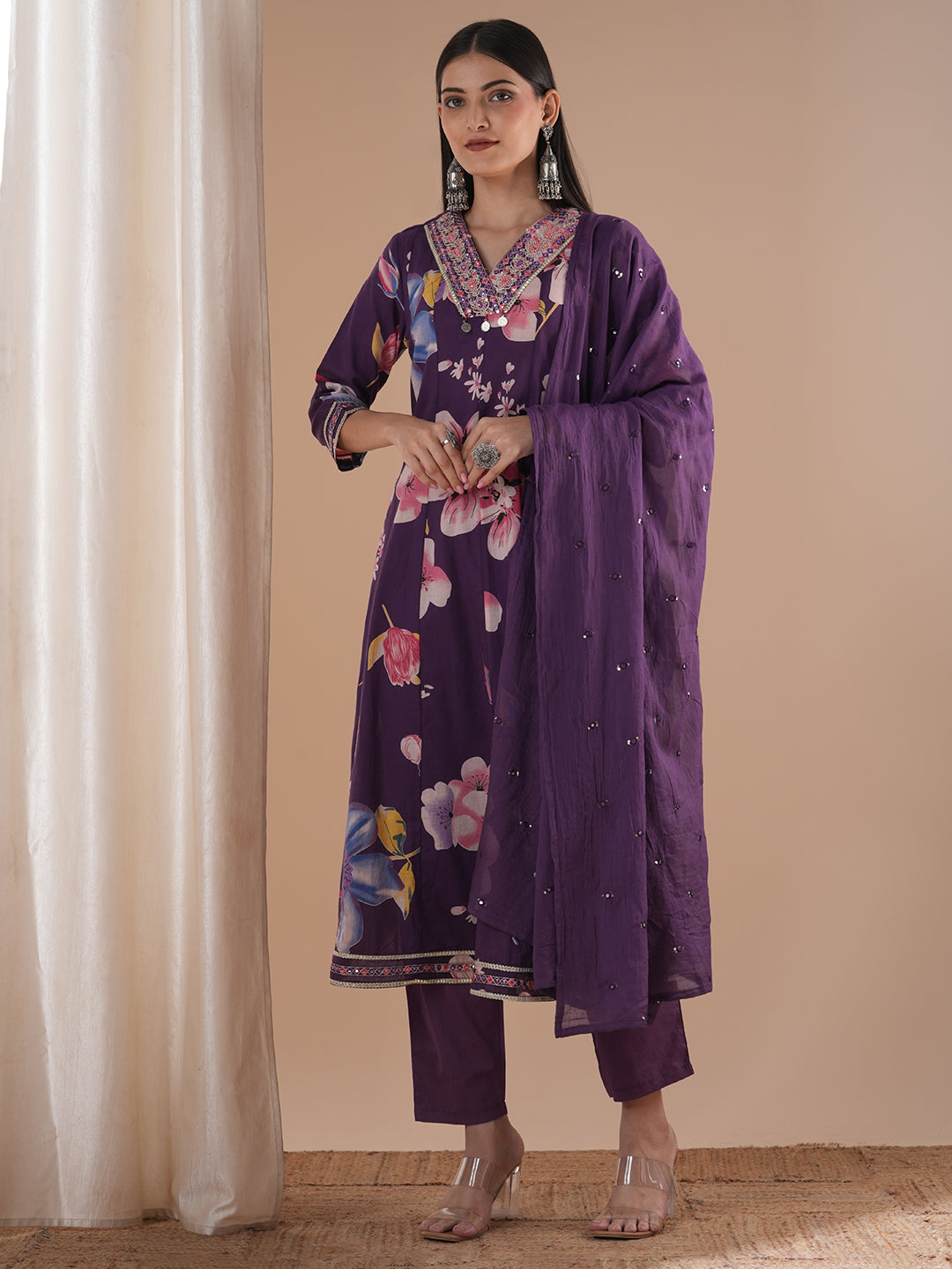 Ethnic Floral Printed & Embroidered Anarkali Flared Kurta with Pant & Dupatta - Purple