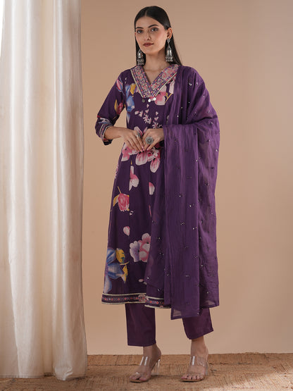 Ethnic Floral Printed & Embroidered Anarkali Flared Kurta with Pant & Dupatta - Purple