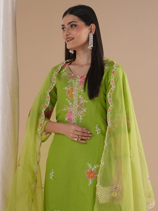 Solid Floral Embroidered Straight Fit Kurta with Pant and Dupatta - Light Green