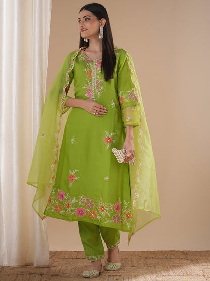Solid Floral Embroidered Straight Fit Kurta with Pant and Dupatta - Light Green