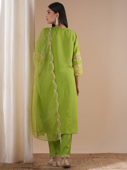 Solid Floral Embroidered Straight Fit Kurta with Pant and Dupatta - Light Green