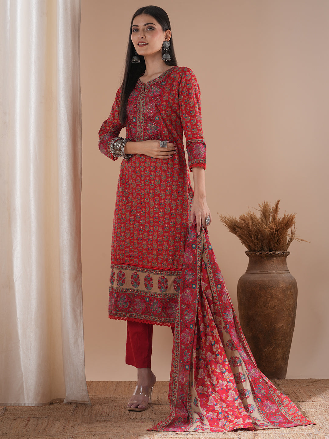 Floral Printed & Hand Embroidered Straight Kurta with Pant & Dupatta - Red