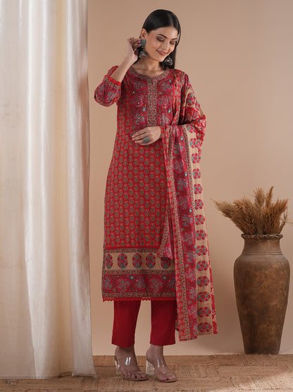 Floral Printed & Hand Embroidered Straight Kurta with Pant & Dupatta - Red