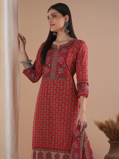 Floral Printed & Hand Embroidered Straight Kurta with Pant & Dupatta - Red