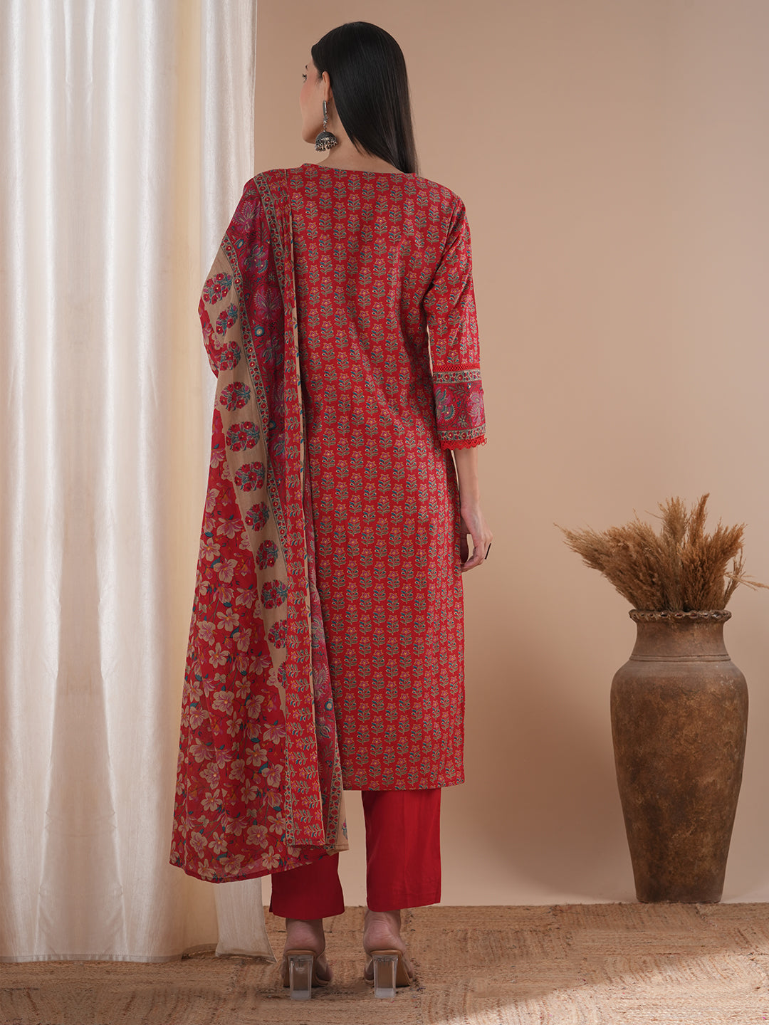 Floral Printed & Hand Embroidered Straight Kurta with Pant & Dupatta - Red