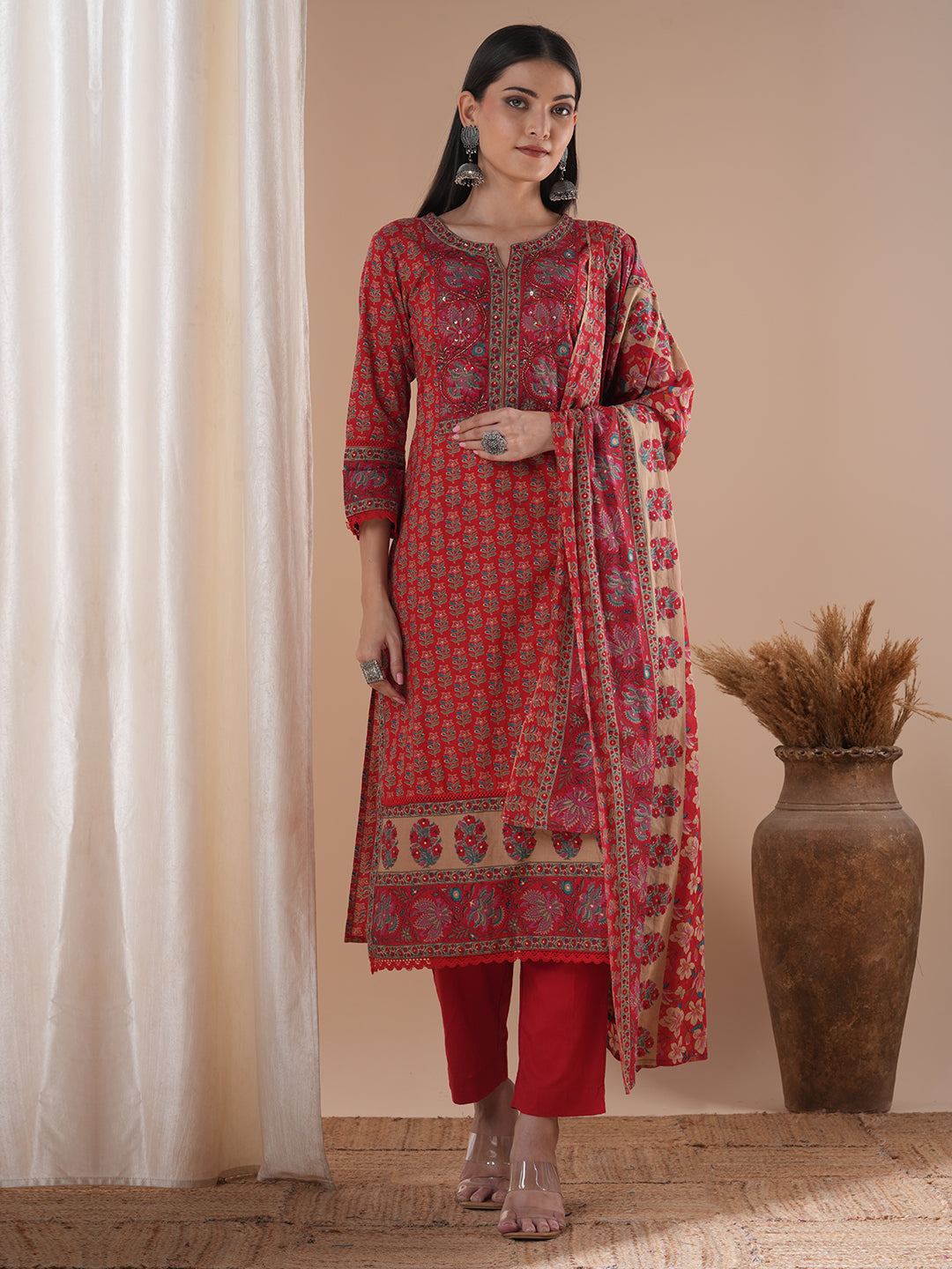 Floral Printed & Hand Embroidered Straight Kurta with Pant & Dupatta - Red