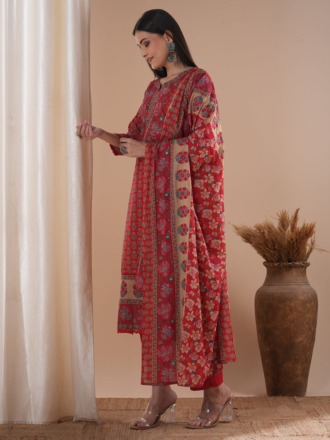 Floral Printed & Hand Embroidered Straight Kurta with Pant & Dupatta - Red