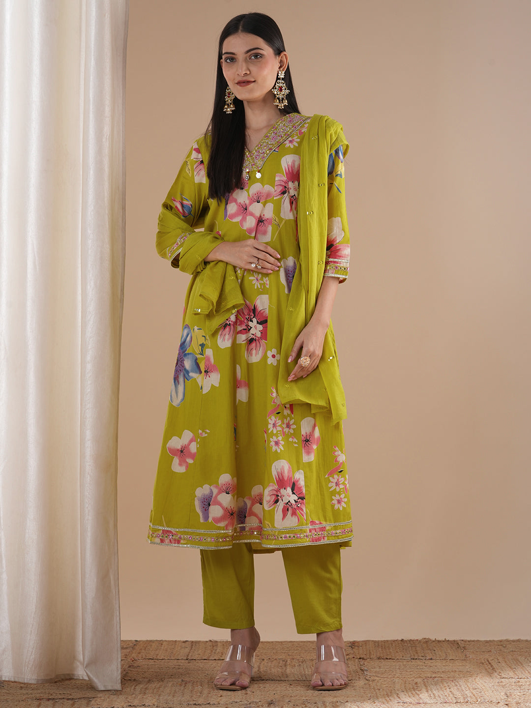 Ethnic Floral Printed & Embroidered Anarkali Flared Kurta with Pant & Dupatta - Lime Green