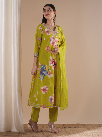 Ethnic Floral Printed & Embroidered Anarkali Flared Kurta with Pant & Dupatta - Lime Green