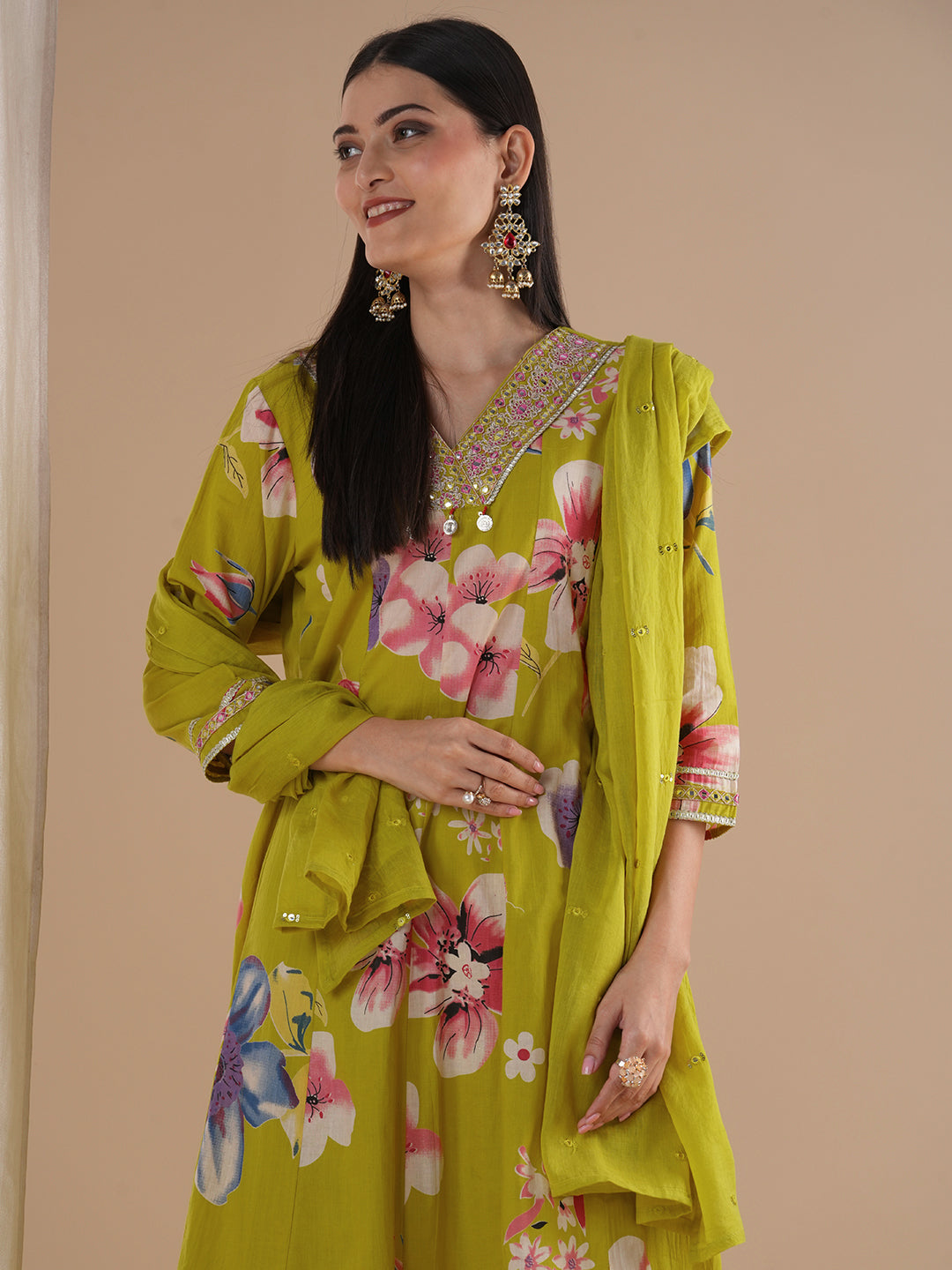 Ethnic Floral Printed & Embroidered Anarkali Flared Kurta with Pant & Dupatta - Lime Green