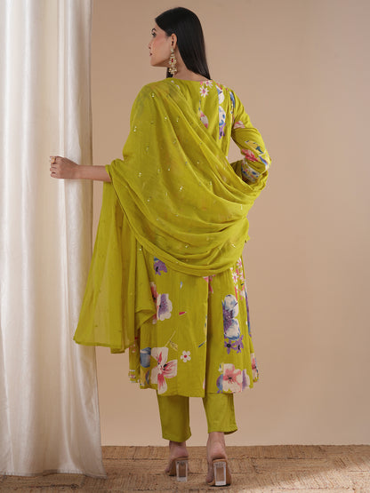 Ethnic Floral Printed & Embroidered Anarkali Flared Kurta with Pant & Dupatta - Lime Green