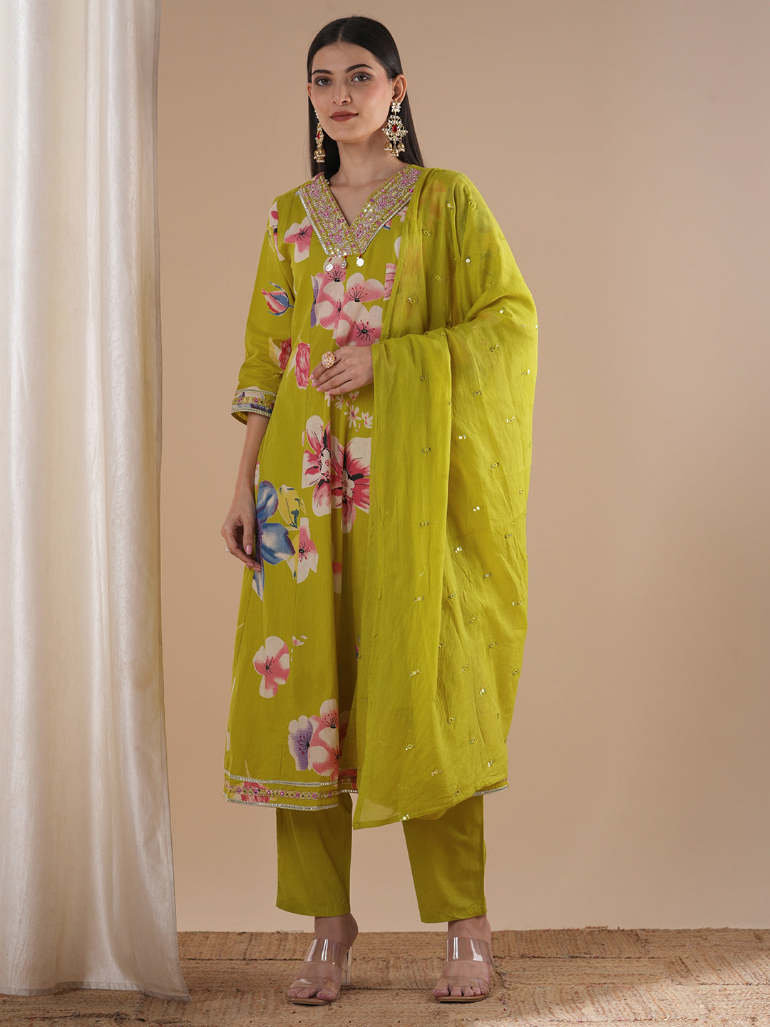 Ethnic Floral Printed & Embroidered Anarkali Flared Kurta with Pant & Dupatta - Lime Green