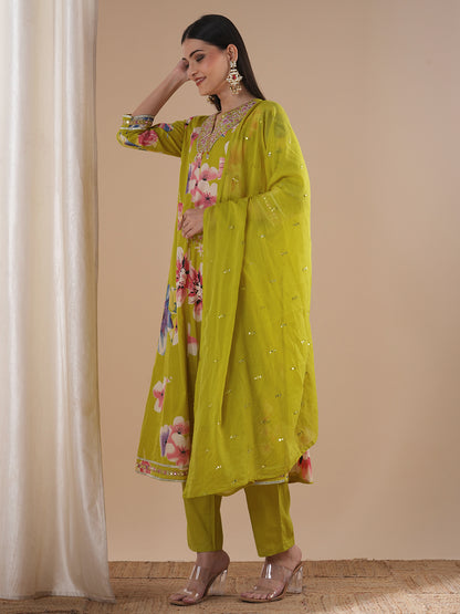 Ethnic Floral Printed & Embroidered Anarkali Flared Kurta with Pant & Dupatta - Lime Green