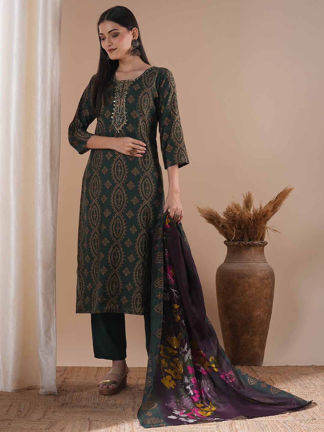 Ethnic Floral Printed & Embroidered Straight Fit Kurta with Pant and Dupatta - Green