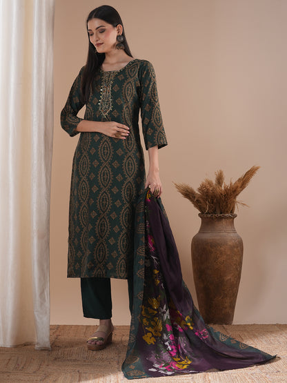 Ethnic Floral Printed & Embroidered Straight Fit Kurta with Pant and Dupatta - Green